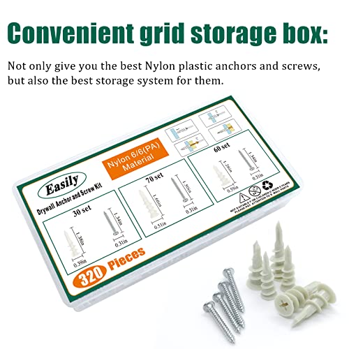 320PCS Drywall Anchors and Screws Kit – Self Drilling Nylon Wall Anchors, Heavy Duty Plastic Anchors for Drywall, No Pre-Drill Needed, Hollow Wall Anchors (10x35mm, 15x32mm, 13x42mm)