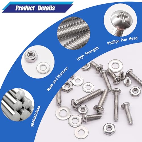 Taiss Machine Screws Nuts and Bolts Assortment Kit,304 Stainless Steel Bolts and Nuts Kit,#6-32#8-32#10-24 8 Sizes Phillips Pan Head Bolt and Nut & Washers,237PCS Machine Screw Assortment