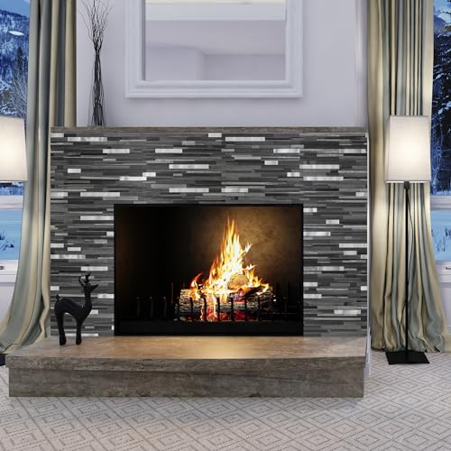 StyloVue 20 Sheets Peel and Stick Tile Backsplash, Black with Metal Gold Look Stick on Tile Upgrade Your Kitchen Backsplash, RV, Fireplace - color: Black Grey Wood With Metal Silver
