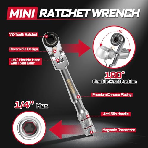 Geinxurn 60Pcs 180° Pivoting Flex Head T-Handle Ratchet Wrench Set, 72-Tooth 1/4" Reversible Ratchet with Extension Bar, Socket Adapter & 1" Impact Screwdriver Bits (Phillips/Torx/Hex) for DIY - size: 60pcs-Changeable