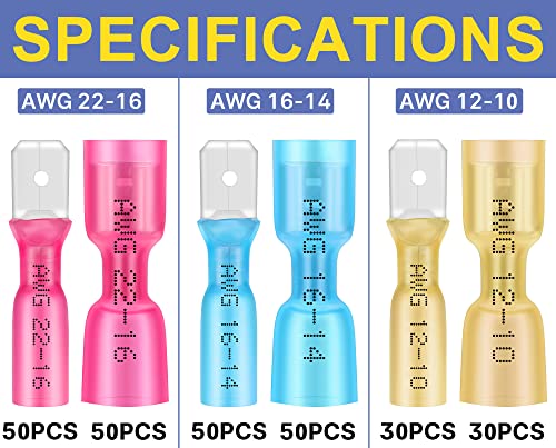 haisstronica 260PCS Heat Shrink Spade Connectors, 22-10 AWG, Male/Female - size: AWG 22-10, style: Male&Female Kit 260PCS