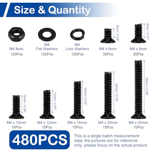480Pcs M4 Countersunk Screws Assortment Kit with Nuts and Washers (6-25mm) - size: M4 x 6-25mm Kit