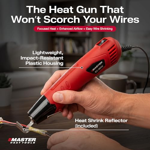 Master Appliance EC-MINI Heat Gun for Crafts, Shrink Wrap, Heat Shrink Tubing, Wire Connectors, Electrical Connectors, Epoxy Resin, Candle Making Heatgun, Embossing Hot Air Gun w/Heat Shrink Reflector