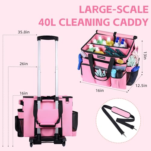 Extra Large Rolling Cleaning Caddy Bag with Wheels, Cleaning Baskets Bags with Detachable Trolley For Housekeepers , Water Resistant Cleaner Supplies Organizer with Wheels for Kitchen, Car