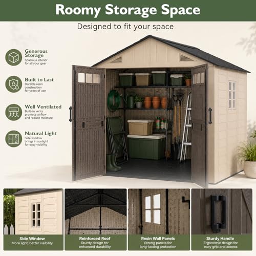 Aoxun 8x8 Ft Outdoor Storage Shed with Floor, Large Resin Outdoor Shed with Lockable Door & Windows, Garden HDPE Sheds for Lawn Tools, Pool Supplies & Bikes - size: 8x8