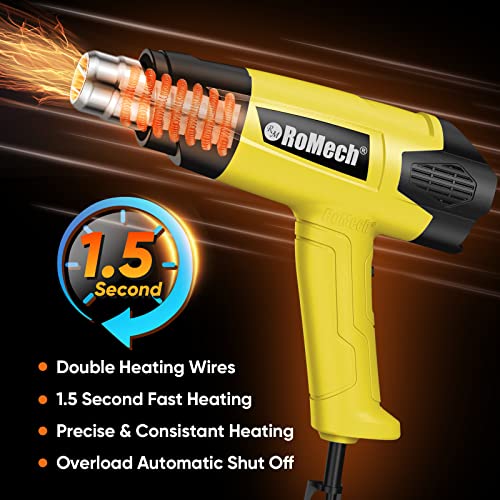 ROMECH 1500W Heavy Duty Heat Gun, Variable Temperature Control Hot Air Gun Kit with 2 Air Flow 120°F~1200°F and 4 Nozzles for Crafts Shrink Wrap (Yellow) - color: Yellow