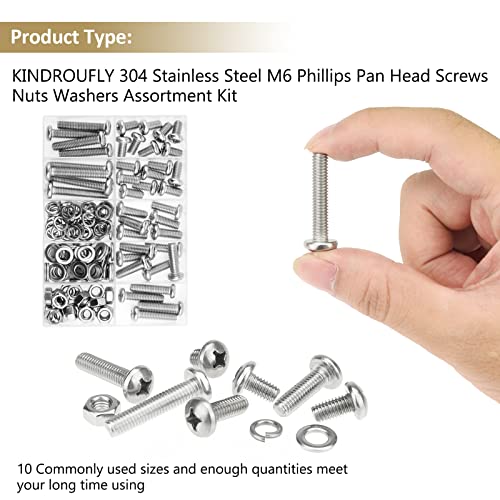 102 Pieces M6 x 10/12 /16/20 /25/30 /35mm Phillips Pan Head Machine Screws Nuts Washers Assortment Kit, 304 Stainless Steel, Fully Machine Thread - size: M6, style: Phillips Pan Head
