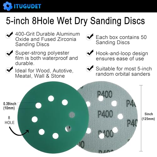 5 Inch 8 Hole P400 Grit Zirconia Wet Dry Sanding Discs - 50 Pack - size: 400 Grit