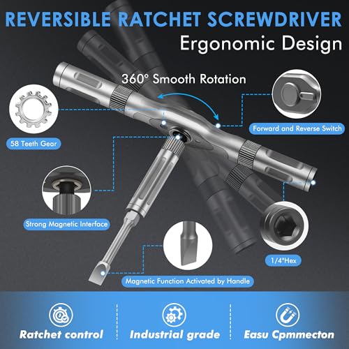 Asnish 34 in 1 Magnetic Screwdriver Set with Ratcheting Multi Bit - color: Black-gray, size: 34 In 1