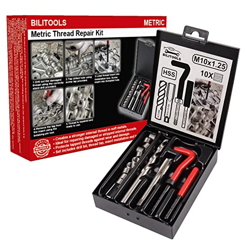 BILITOOLS M10x1.25 Thread Repair Kit, HSS Drill Helicoil Repair Kit Metric - size: M10 x 1.25, style: Metric