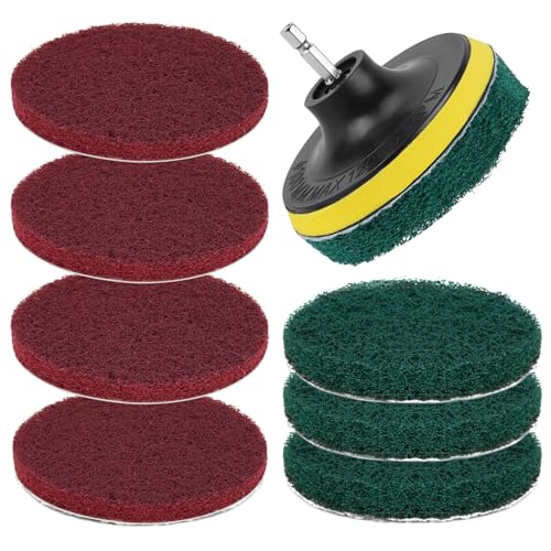 4" Drill Brush Scouring Pads Set, 4Red 4Green + Attachment & Shaft for Tile