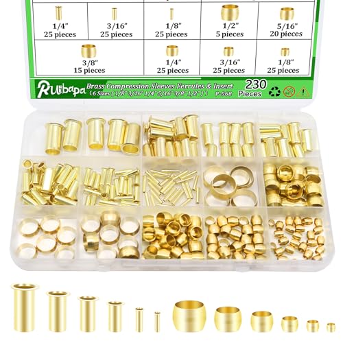 230PCS Brass Compression Sleeves Ferrules & Insert 1/2" 3/8" 5/16" 1/4" 3/16" 1/8"-6 Sizes Compression Fittings Assortment Kit for DOT Air Brake LIne Fittings Connect Lines for Air,Water,Fuel