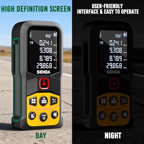 SENDA Laser Measure, 197Ft Digital Laser Measurement Tool with LCD Backlit Display, 1/16in Accuracy, in/Ft/Ft+in/M, 20 Sets Data Storage, Laser Distance Meter, Pythagorean Mode Distance/Area/Volume