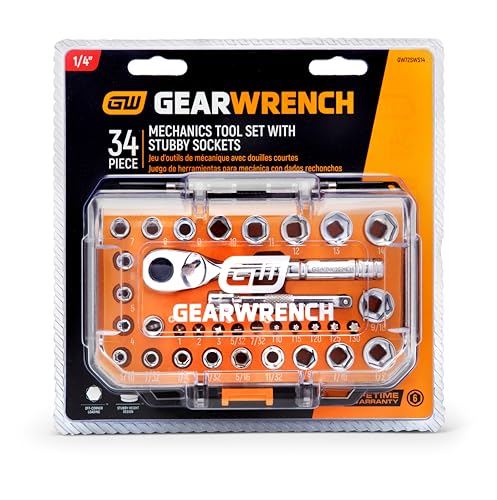 GEARWRENCH 34 Pc 1/4" Dr Stubby Socket Mechanics Hand Tool Set | GW72SWS14 - size: 34 Piece, style: SAE/Metric