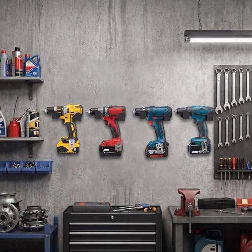 4 Pcs Drill Holder, Heavy Duty Steel Drill Dock Wall Mount, Universal Tool Organizer Rack with Easy Access Space Saving Storage for Garage Workspace Home Storage