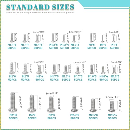1200PCS Phillips Pan Head Small Machine Screws Assortment Kit M1-M3 Cross Round Head Screws Bolts Pan Head Machine Screw for Eyeglasses Watches Clocks Mobile Phone 24 Sizes Silver