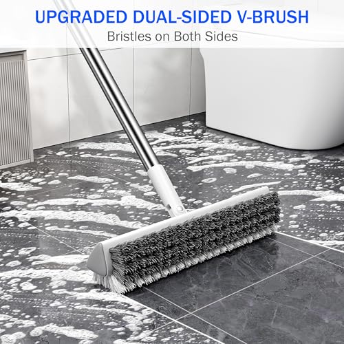 Grout Brush with Long Heavy Duty Handle, 180° Swivel Floor Scrub Brush, V-Shaped Grout Line Scrubber with Stiff Bristles, Cleaning Brush for Deep Cleaning Tile Grout, Shower, Kitchen, and Concrete