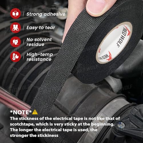 RED WOLF Wire Electrical Tape, 1 Inch x 50 Feet 2-Roll, Felt Cloth Electric Tape Noise Dampening High Temp Wiring Loom Harness, Self-Adhesive Fabric Tape for Automotive Engines Wrap Protection