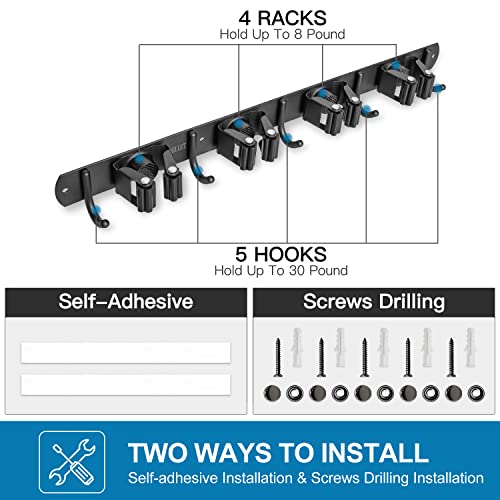 IMILLET Broom Holder Wall Mount,Heavy Duty Garage Organization Broom Hanger - color: 4 Racks with 5 Hooks, size: 1 Pack