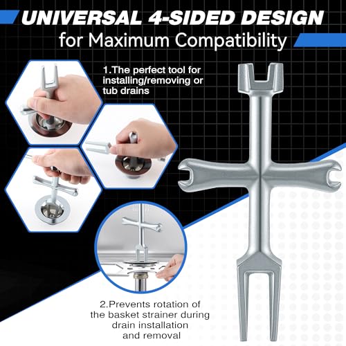 4 Sided Drain Strainer Wrench and 3 Way Plumbers Wrench Set, Heavy Duty Sink Drain Tool for Tub Removal, Basket Strainer Installation, Fits 1-3/4, 2, 2-1/2 Inch Nuts, with Silicone Putty