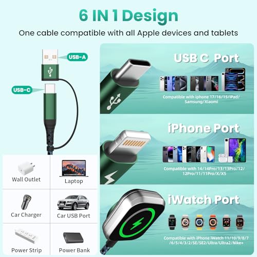 Travel Essentials for iPhone iWatch Charger 3 in 2 USB Cable, 2Pack 5FT - color: Green_2, size: 2PCS&5FT