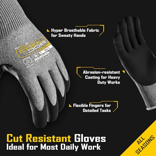 COOLJOB ANSI A7 Cut Resistant Gloves - 1/3/12 Pairs, Nitrile Rubber Dipped Safety Work Gloves with Reinforced Thumb, Non Slip, Breathable, Touchscreen, for Fishing, Gardening, Grey Small - size: Small, style: A7 Pack of 1