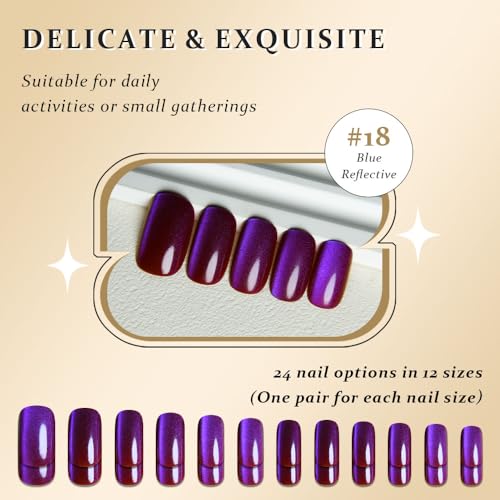 Purple Red Reflective Blue Press On Nails - Cat Eye Medium Square Magnetic Acrylic Fake Nails, Stylish Design, Salon-Quality Shiny Finish, Reusable Stick On Nails Kit for Women (No Glue) - color: ZF335, size: 24 pieces (Pack of 1)