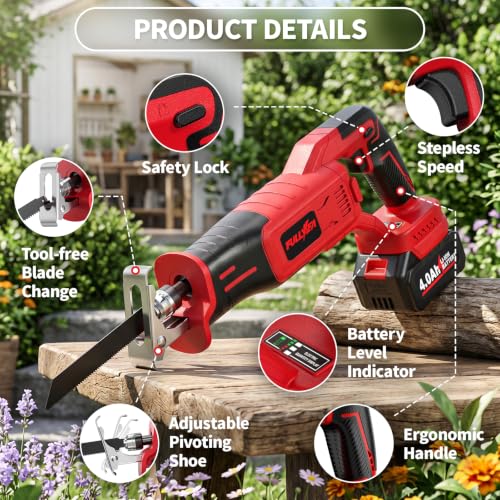 FULLYEA Reciprocating Saw Cordless, 3500 SPM Brushless Reciprocating Saws, Tool-Free Blade Change, Power Reciprocating Saws with 2*4.0Ah Battery & Charger, Cordless Saw for Wood/Metal/Plastic Cutting