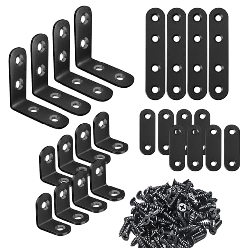 weiwei 24 PCS Stainless Steel L Brackets & Straight Brackets, Multi-Size Angle Bracket Mending Plate, Sturdy L Bracket Flat Braces Combo Set with Screws for Wood Shelves Furniture Cabinet DIY - style: Combination 1