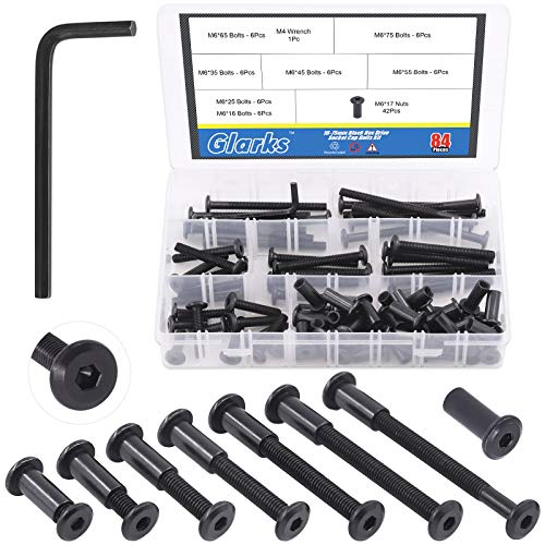 Glarks 85Pcs M6x16/ 25/35/ 45/55/ 65/ 75mm Black Hex Drive Socket Cap Bolts Kit, Allen Head Countsunk Furniture Crib Bolts Nuts Screws for Chair Table Cabinets - size: M6x16/25/35/45/55/65/75mm