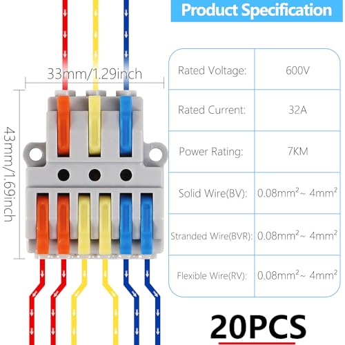 20PCS Lever Wire Connectors - 3 in 6 Out Quick Electrical Lever Nuts, Push-in Conductor Terminal Block AWG 28-12 - color: Grey,20pcs 3 in 6 out