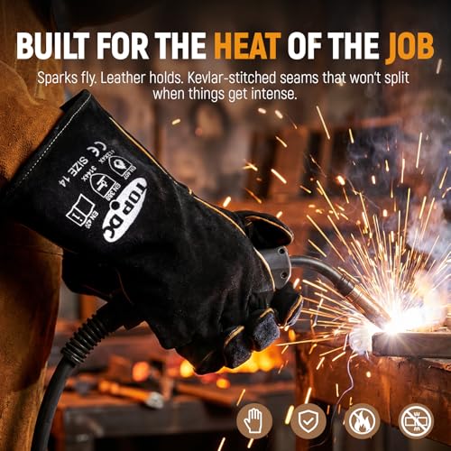 TOPDC 14Inch Welding Gloves 482°F Heat Resistant Leather for Fire Pit Grill - color: 14 Inch Black-gray