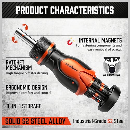 HORUSDY Magnetic Portable Screwdriver Bit Set: 8-in-1 Ratcheting Screw Driver Includes 1/4”Bit Driver Holder, 7 Screwdriver Bits with Phillips, Slotted, Square, Hex, for Garage & Daily Repair - style: 8-in-1 Ratcheting Screw Driver Set