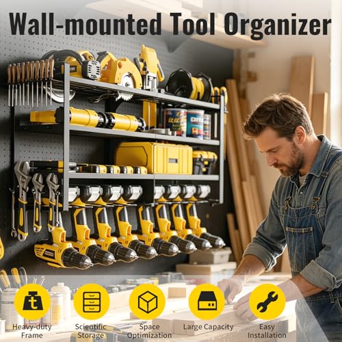 Wall Mount Power Tool Organizer, 4-Tier Metal Tool Storage Rack Loads 300 lbs with 8 Cordless Drill Holder, Utility Rack for Garage, Workshop & Basement, Black - color: Black, size: 33.27 Inch