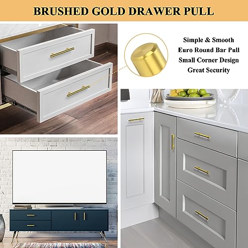 Plustool 30Pack 3''Hole Centers Gold Cabinet Handles-Brushed Brass Cabinet Pulls Gold Dresser Drawer Pulls-Stainless Steel Door Hardware for Kitchen Bathroom Bedroom Furniture-5''Overall Length - color: Gold
