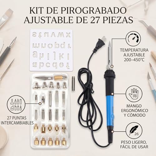Wood Burning Kit, Pyrography Pen with Adjustable Temperature for Wood Leather Burning Carving Embossing Soldering with 27 Woodburning Points Soldering Tips(Blue)