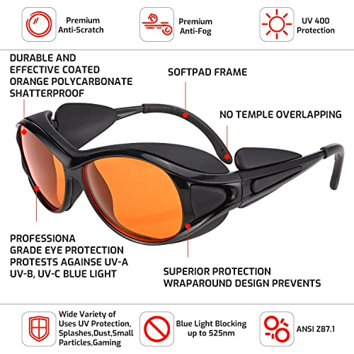 Professional UV Light Safety Glasses for 90nm-490nm wavelength UV lamps, UVC protective glasses, blocking blue light , Anti-Fatigue Anti Glare, shatterproof, anti-scratch and anti-fog, orange lenses