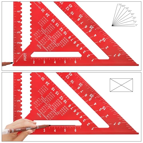 TOPZEA Carpenter Square, 12 Inch Aluminum Rafter Square Triangle Framing Ruler Measuring Layout Tool for Woodworking, Carpentry, Construction, Red