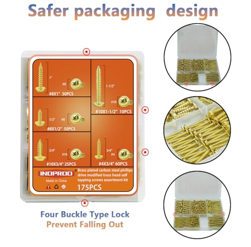#4#8#10 Phillips Modified Truss Head Wood Screws Assortment Kit, Self Tapping Sheet Metal Screws for Wood, Brass Plated Carbon Steel, Golden, 175 Pieces (1/2", 3/4", 1", 1-1/2") - size: #4 #8 #10 Kit