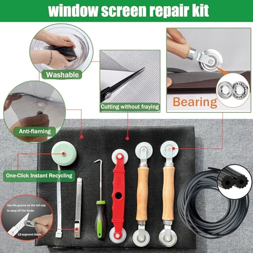 Sliding Screen Door & Window Screen Replacement Kit, 48"x118" Black Fiberglass Screen Mesh with Spline Roller Tool/Hook/Cutter/Ruler - Repair for Windows, Patio, Porch & Sliding Glass Doors - size: 8 in 1