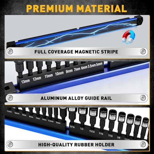 22-Piece Magnetic Nut Driver Set, Metric & SAE (5-13mm & 1/4"-9/16"), 65mm Long, 1/4" Hex Shank Drill Socket Set, Wing Nut-Driver Bit, Quick-change Extension, Magnetic Aluminum Storage Rail - style: Hex with Storage Rail