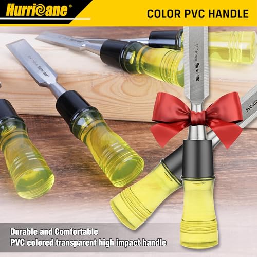 HURRICANE 4 Piece Wood Chisel Set for Woodworking. CR-V Steel Beveled Edge Blades with Safety Caps. Durable PVC High Impact Handle, for Precision Carving & DIY Projects (1/4", 1/2", 3/4", 1") - size: Regular Size Grip