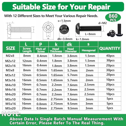 860Pcs M2-M5 Metric Screws, 10.9 Alloy Steel Hex Bolts & Nuts Kit - size: M2 M3 M4 M5 860pcs 2