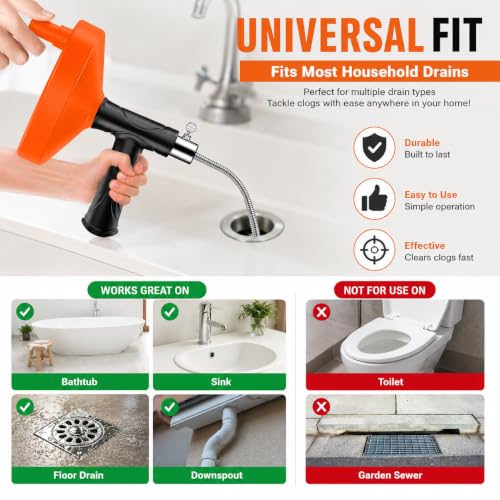 33 FT Drain Snake Auger, Plumbing Snake Drain Hair Clog Removal Tool, Sink Unclogger Drain, Heavy Duty Drum Auger, Cleaner Tool for Bathroom Kitchen Tub Shower Drain Clog Remover with Gloves