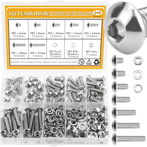 245 Pieces M5 Screws Nuts Washers Set, Sutemribor M5 x 6/8/10/12/16/20/25mm Button Head Socket Cap Screws Nuts Washers Assortment Kit, 304 Stainless Steel, Fully Threaded - size: M5, style: Button Head Socket Cap