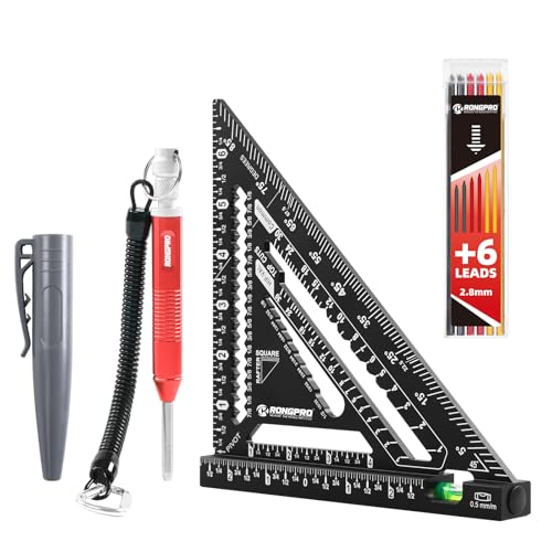 7inch Rafter Square with Level Vial, Heavy Duty Multi-Purpose Aluminum Triangle Ruler with Carpenter Pencil for Woodworking and Home DIY