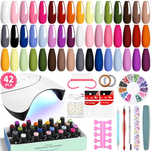 VANREESA 42 Pcs Gel Nail Polish Kit with U V Light 24 Colors Gel Polish Nail Kit Pink Red Orange Yellow Green Brown Blue Purple Gray Complete Nail Kit with Manicure Tools Gifts for Women - color: Elegant & Trendy Collection