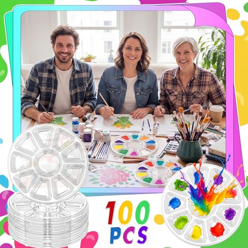 100 Pcs Large Clear Paint Tray Palette Disposable Watercolor Palette Acrylic Paint Pallet Color Mixing Tray for Painting Party Oil Watercolor Craft Supplies DIY (Round Petals) - style: Round Petals