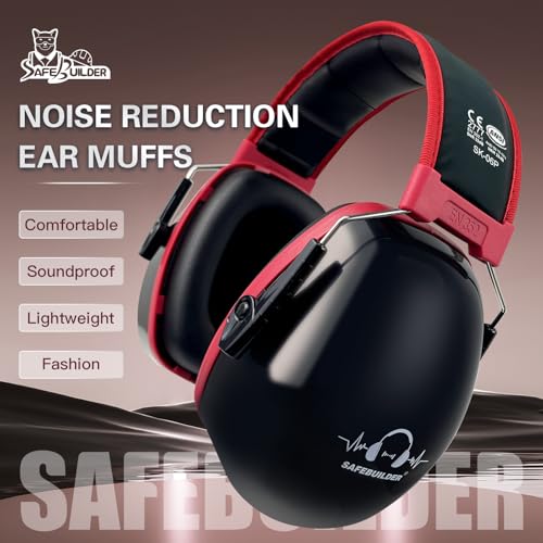 SAFEBUILDER Ear Protection Ear muffs Noise Reduction NRR 28dB Adjustable Hearing Protection for Working Mowing SK-06P - color: Black Cb Red