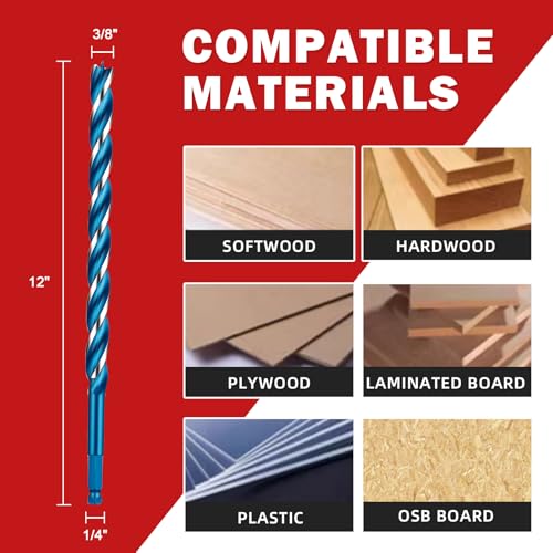2-Pack 3/8" x 12" Wood Auger Drill Bits – 3-Flute Long Auger Drill Bit for Wood, High Carbon Steel Hex Shank with Protective Storage Tube - size: 3/8" x 12"